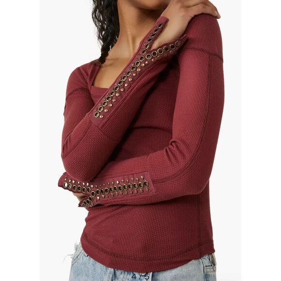 Free People Thermal Waffle Top Medium Red Jasper Square Neck A Little Unruly - Picture 2 of 12